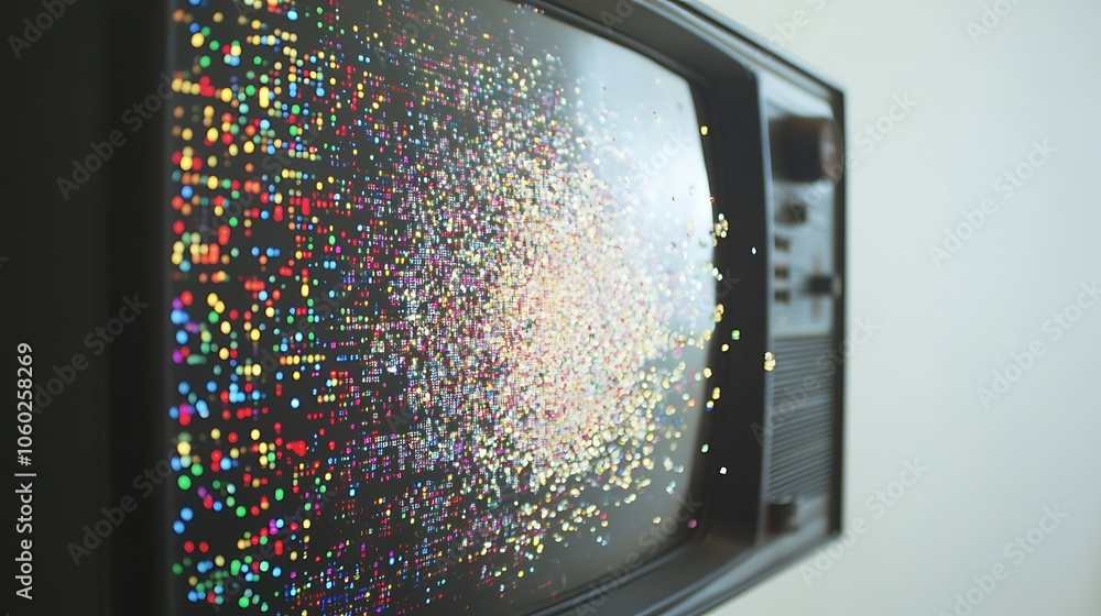 Poster retro television screen with exploding digital particles