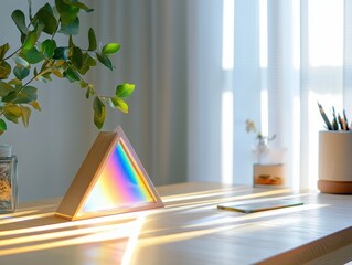 Fototapeta premium A cozy workspace featuring a triangular lamp casting a rainbow of colors, complemented by greenery and soft natural light.