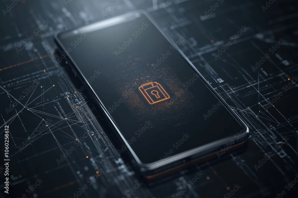Fototapete A smartphone shows a prominent lock icon on the screen, symbolizing security amidst a modern digital design backdrop. Generative AI