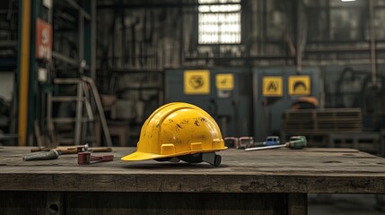 Industrial Safety Poster: A Bright Yellow Hard Hat on a Weathered Workbench, Surrounded by Tools and Safety Signs – Perfect for Workplace Environment and Sports Interiors
