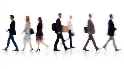 A blurred group of business professionals walking in a row against a white background.