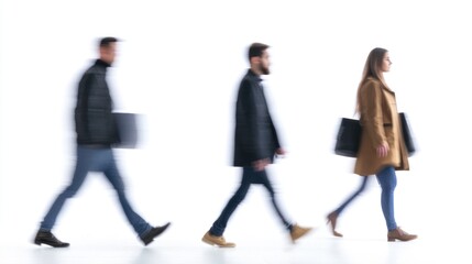 Three blurred figures walking side-by-side on a white background, looking towards the right side of the frame.