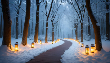 Enchanting winter pathway illuminated by lanterns in snowy forest copy space
