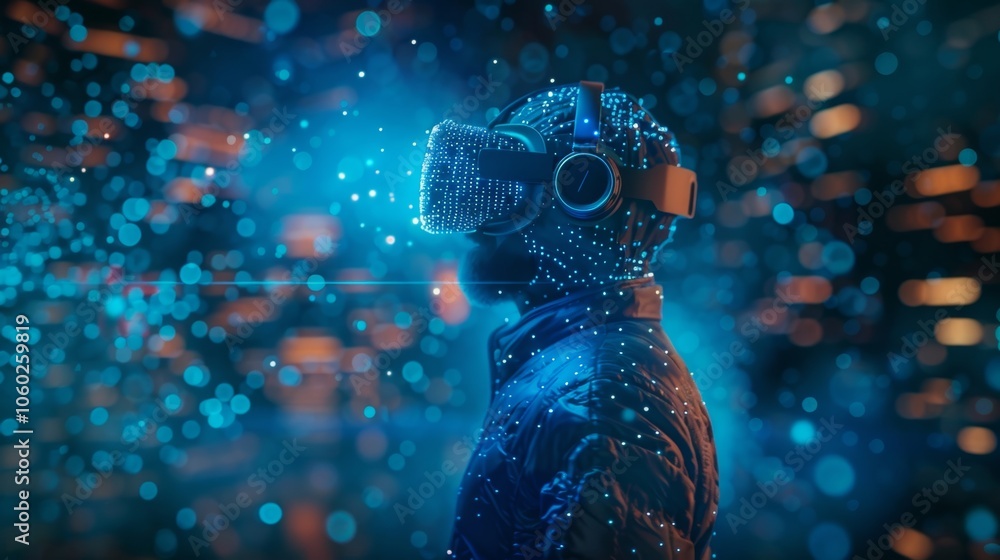 Poster software engineer wearing vr headset and exploring metaverse in a futuristic technological environme