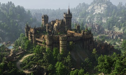 Obraz premium Stone castle on a hill surrounded by trees.