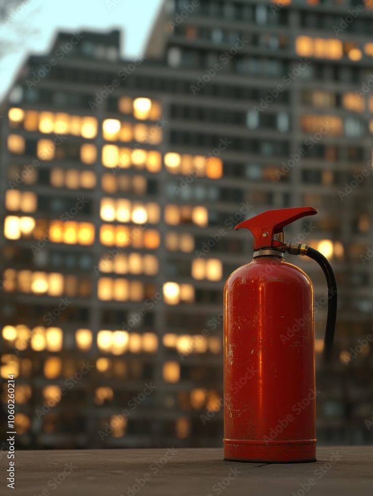Poster A vibrant fire extinguisher is prominently displayed in the foreground with an urban building glowing in the background at dusk. Generative AI