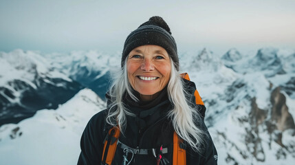 Professional photo of smiling mature woman standing on the peak of the mountain 