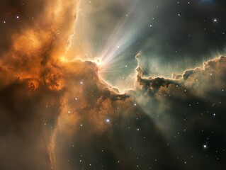Fototapeta premium A stunning nebula with vibrant colors and radiant light, showcasing the beauty of the cosmos and stellar formations against a backdrop of stars.