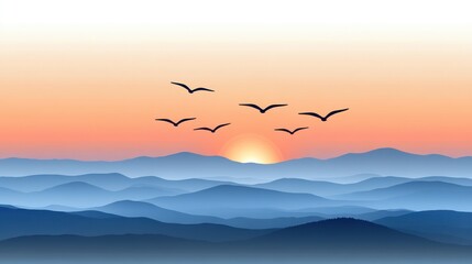 A captivation of free-spirited birds soaring high against a breathtaking sunset over tranquil mountains, evoking a sense of peace and freedom.