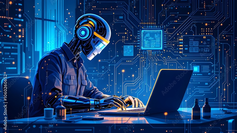 Aufkleber futuristic robot working on laptop with circuit board background - ai humanoid in blue digital envir