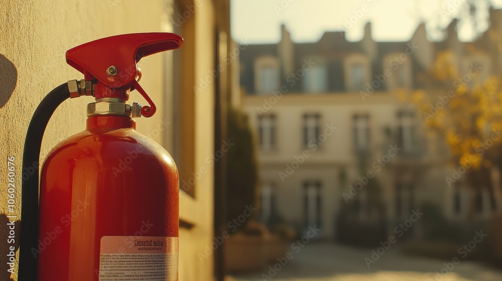 Aufkleber The vibrant fire extinguisher is positioned prominently, ready for use, with a softly blurred building creating a calm backdrop. Generative AI
