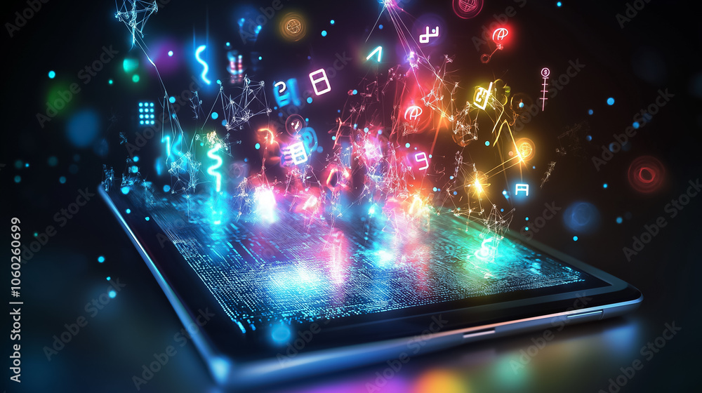 Poster a tablet radiates colorful math symbols, fostering a dynamic learning atmosphere filled with creativ