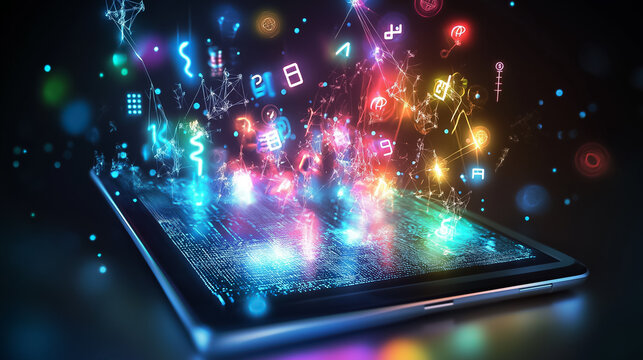 A tablet radiates colorful math symbols, fostering a dynamic learning atmosphere filled with creativity and chaos
