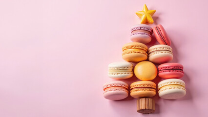 Creative edible Christmas tree made of colorful macarons with a star on top on a pastel pink background. Idea for a bakery, coffee shop, cafe, holiday event planning