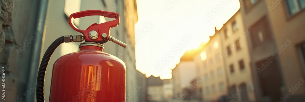 Poster A vibrant red fire extinguisher is clearly visible in the foreground with an out-of-focus building backdrop illuminated by the setting sun. Generative AI