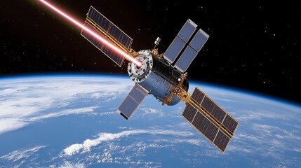 Fototapeta premium High-Speed Cosmic Communication: A Close-up of Satellite Laser Transmission.Concept of space technology, satellite communication, laser technology, high-speed data transmission,Aerospace engineering, 