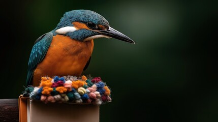 Colorful kingfisher with vibrant plumage perched on a multicolored knit nest against a dark green blurred background