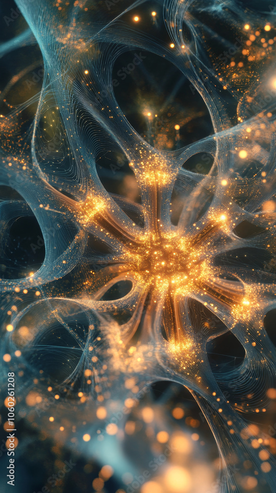 Poster futuristic illustration of neural networks with glowing particles and intricate patterns, showcasing
