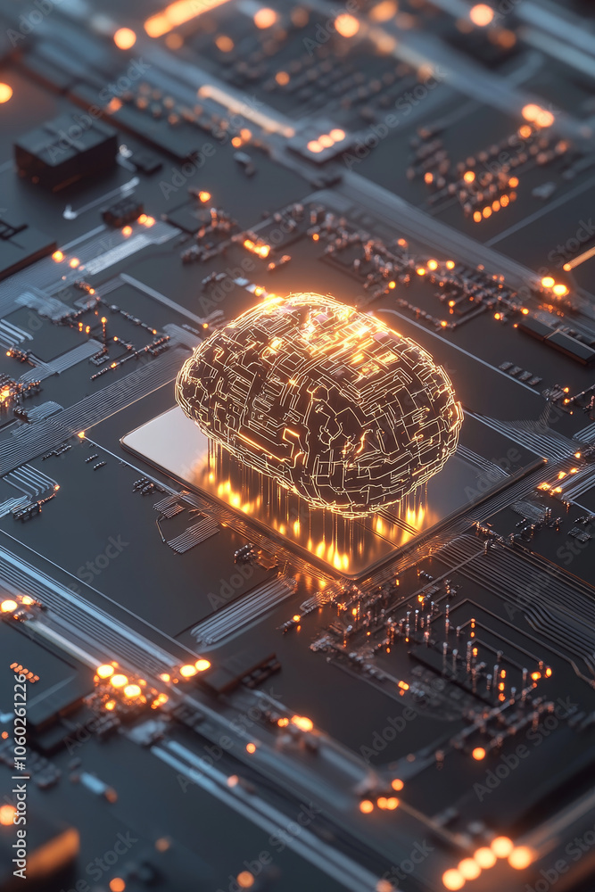 Aufkleber futuristic illustration of neural network enhancing technology, featuring glowing brain on circuit b
