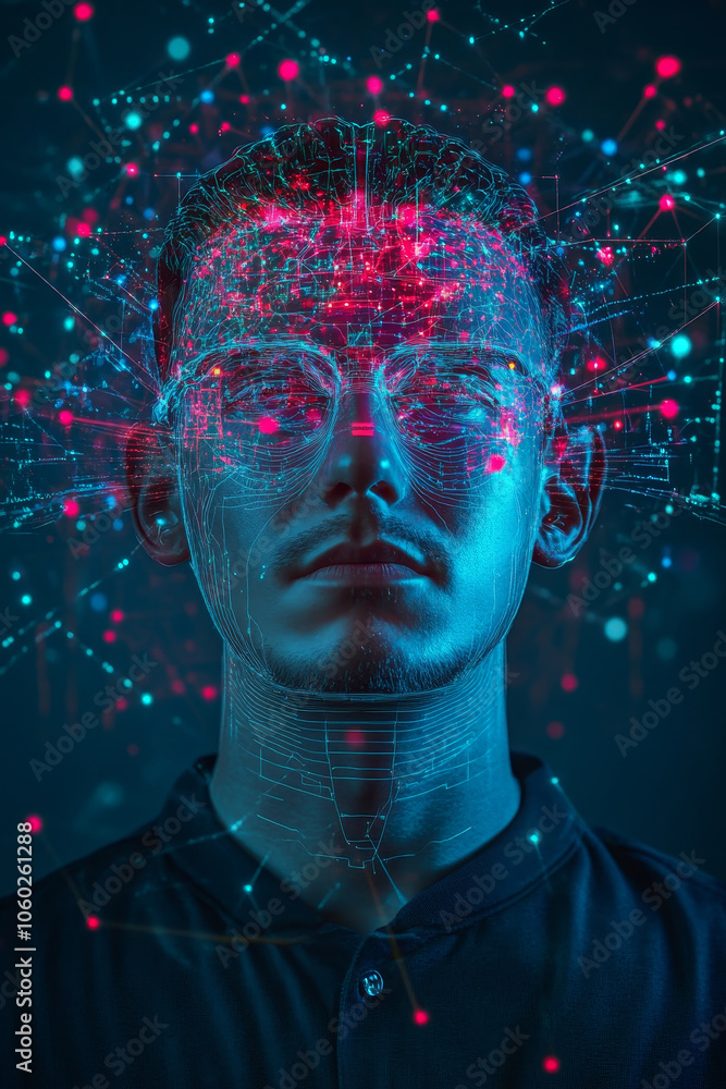 Poster futuristic illustration of man with digital neural network overlay, showcasing advanced technology a