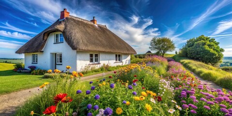 Serene Panoramic View of a Traditional Whitewashed Thatched Cottage Nestled on a Grassy Hill with Lush Greenery and Clear Blue Sky, Capturing the Essence of Idyllic Countryside Living