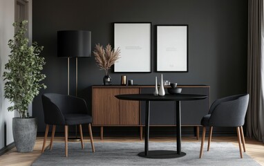A modern living room interior showcasing a stylish black designer table paired with sleek chairs and a contemporary lamp in dark gray tones. 