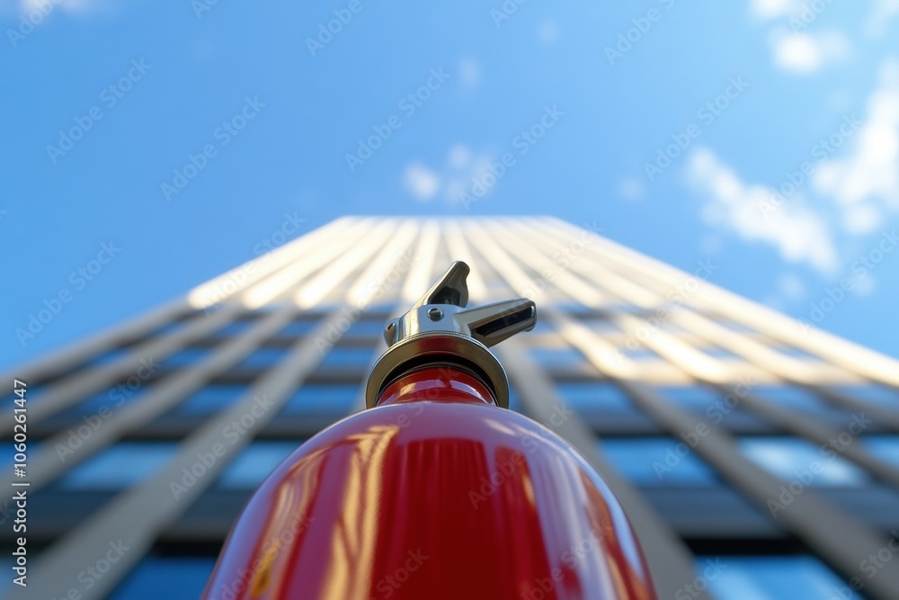 Poster a vibrant fire extinguisher stands in the foreground while a tall building looms above against a cle