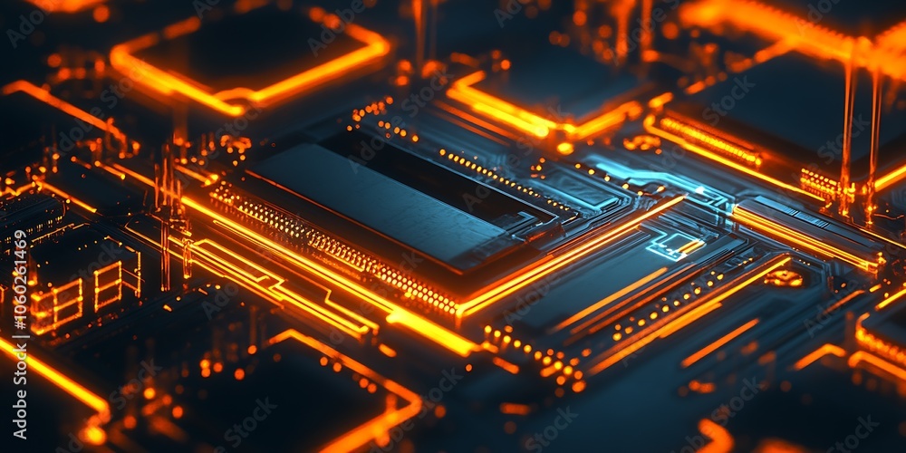 Aufkleber futuristic orange circuit board with glowing connections and central processor unit design : generat