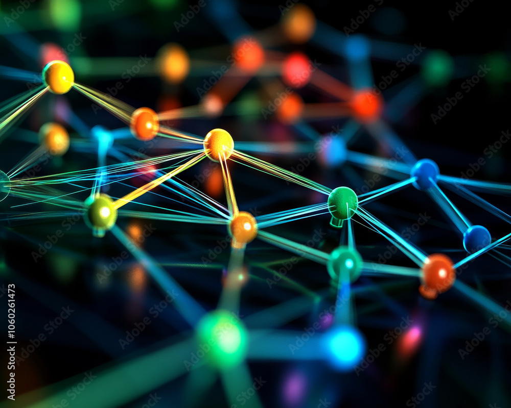 Poster futuristic illustration of neural networks with colorful nodes and connections, showcasing advanced 