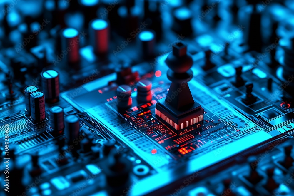 Poster futuristic blue circuit board with chess piece as symbolic technology concept : generative ai