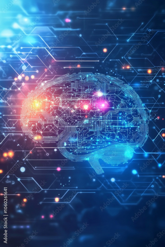 Poster futuristic illustration of brain with neural networks and circuits, showcasing technology and innova