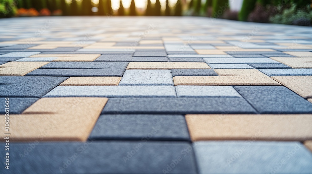 Poster closeup of colorful interlocking paving stones in patterned design for modern urban landscaping : ge