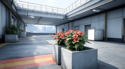 Vibrant flowers adorn a modern industrial space enhancing aesthetic appeal and creating a serene ambiance in an urban environment