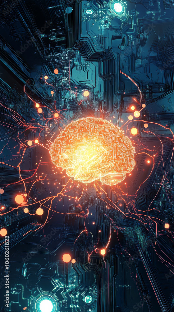 Aufkleber futuristic illustration of neural networks, showcasing glowing brain surrounded by vibrant connectio