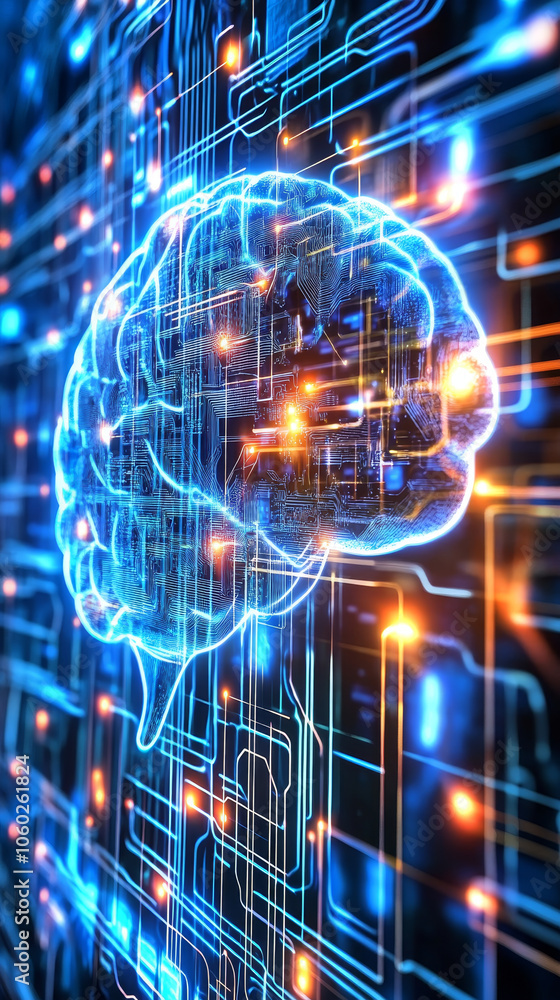Poster futuristic illustration of glowing brain, symbolizing neural networks and advanced technology. vibra