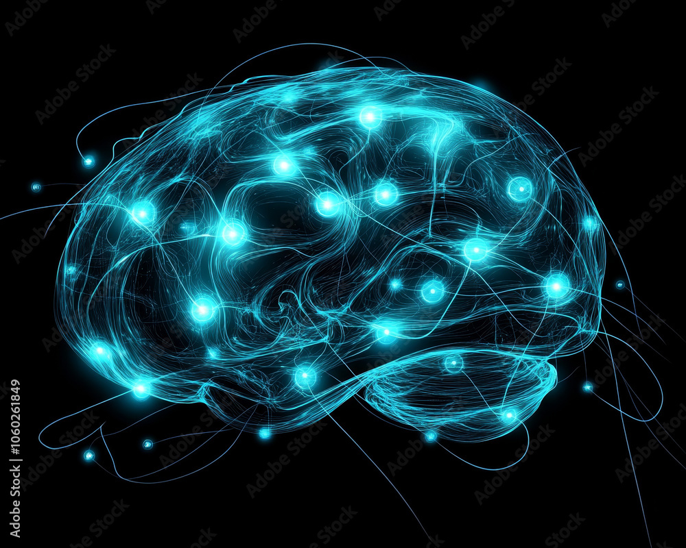 Poster futuristic illustration of neural networks visualizing brain activity, showcasing glowing connection