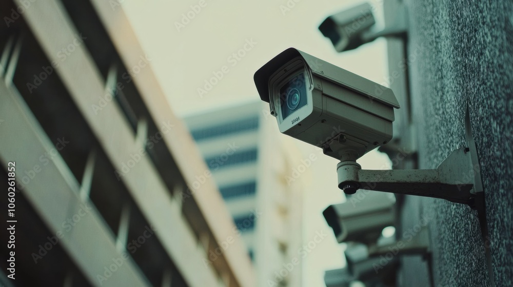 Aufkleber surveillance cameras are mounted on the exterior of an office building, enhancing security in a bust