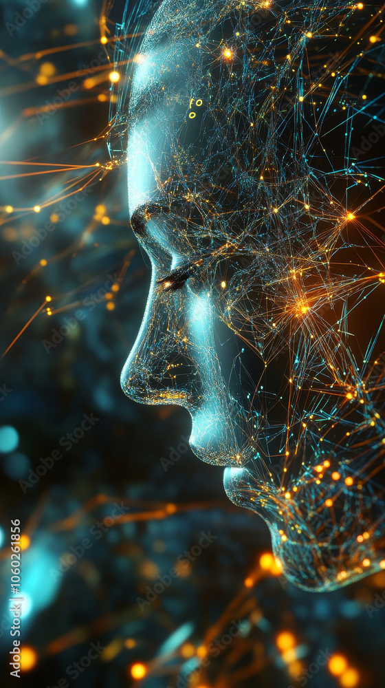 Poster futuristic illustration of neural networks analyzing biological data, showcasing human like face com