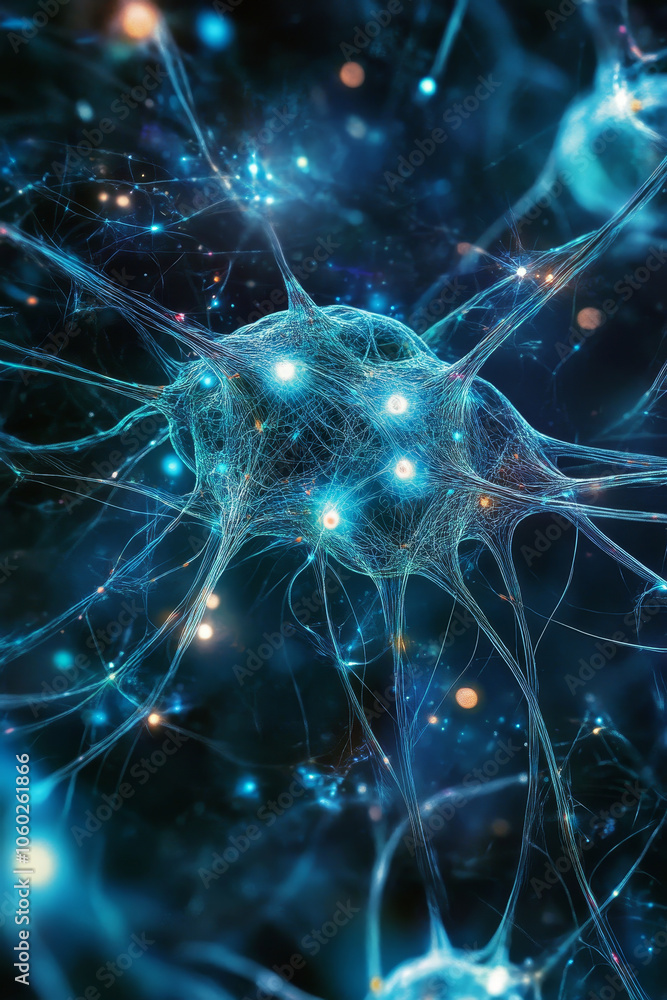 Poster futuristic illustration of neural networks analyzing biological data, showcasing intricate connectio
