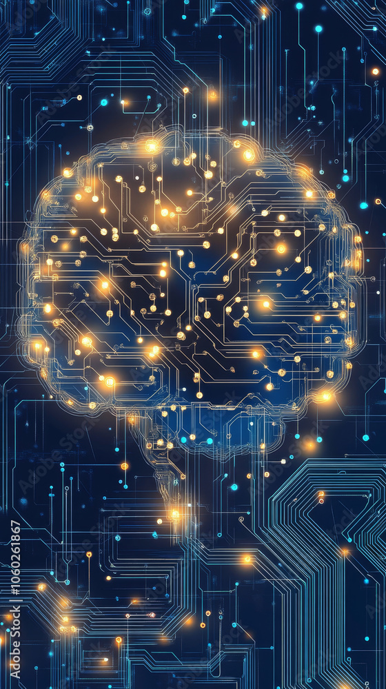 Poster futuristic illustration of neural networks visualizing brain with glowing circuits and connections, 