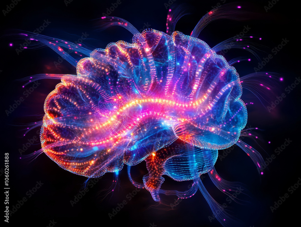 Poster vibrant, futuristic brain illustration with glowing neural connections and colorful lights, represen