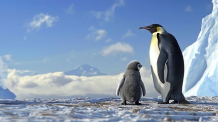 Obraz premium Two penguins on snow with a mountain in the background