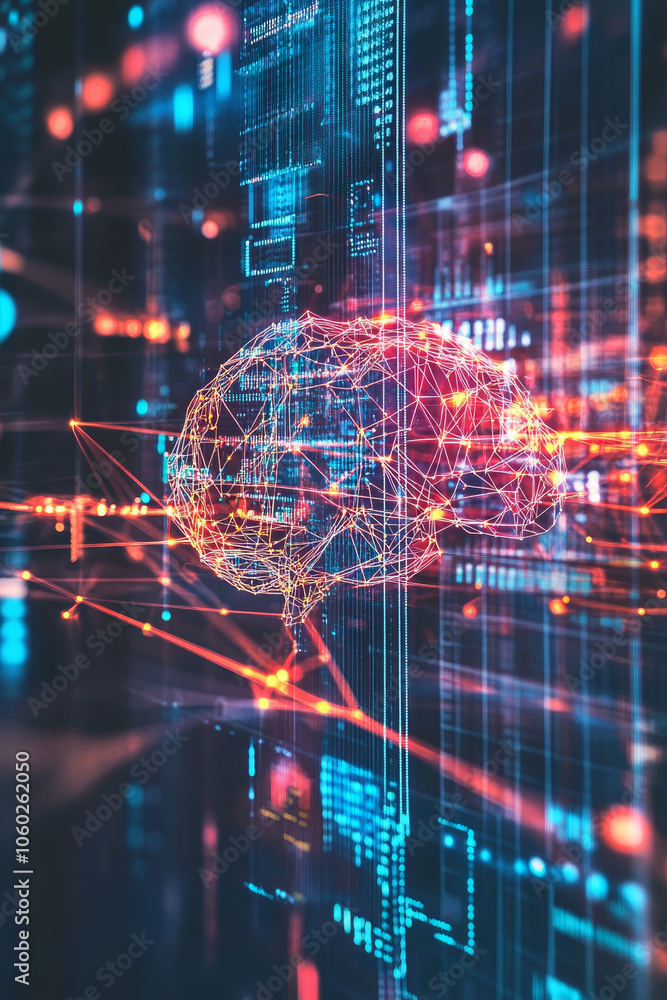 Poster futuristic illustration of neural networks analyzing data, showcasing glowing brain made of intercon