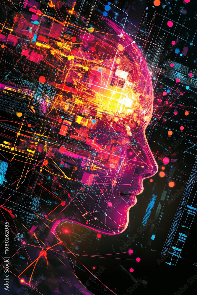 Poster vibrant illustration of futuristic neural network analyzing data, showcasing human like silhouette f