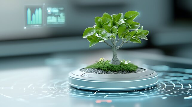 Innovative technology integrates nature by showcasing a lively green tree on a futuristic platform enhancing environmental awareness and sustainability efforts