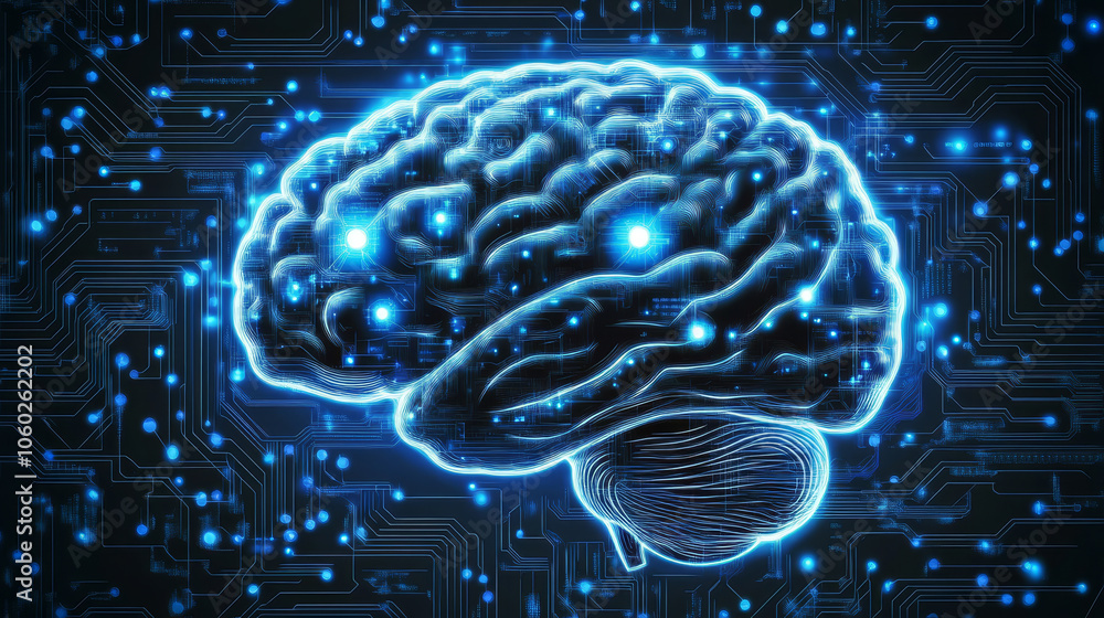 Poster futuristic illustration of neural network brain with glowing circuits, symbolizing advanced technolo
