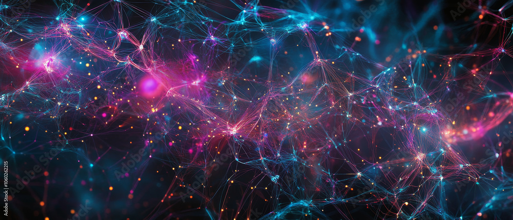 Poster vibrant, futuristic illustration of neural networks showcasing dynamic connections and glowing nodes