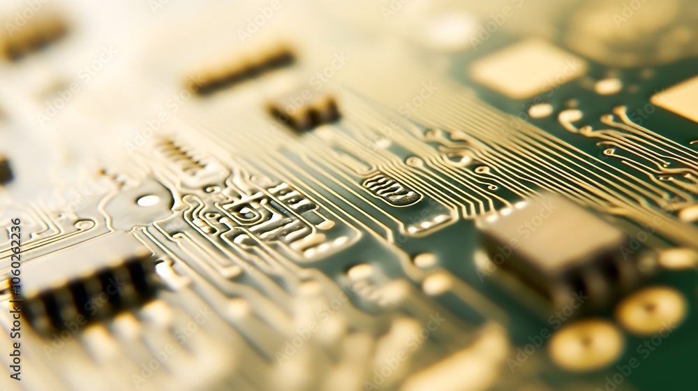 Leinwandbilder close-up of golden circuit board showing intricate electronic component pathways : generative ai