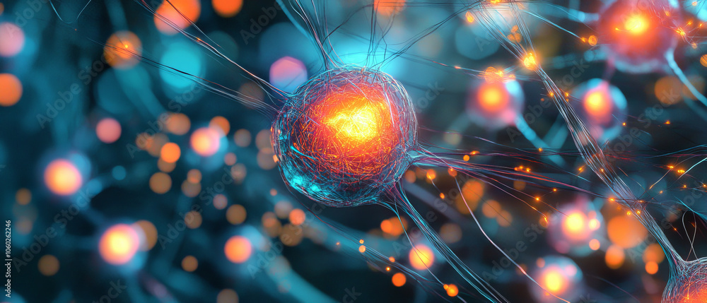Poster futuristic illustration of neural networks with glowing nodes and connections, showcasing advanced t