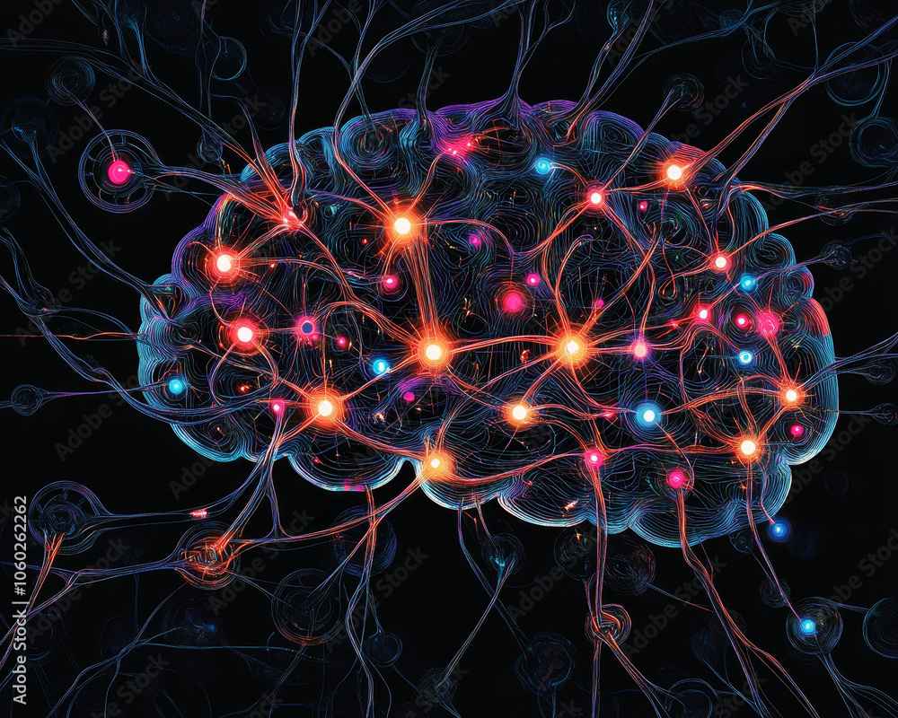 Poster futuristic illustration of brain with neural networks, showcasing vibrant connections and glowing no